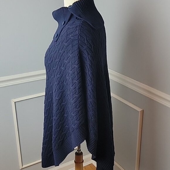 TALBOTS Navy Blue Cable Knit Button Collar Turtleneck Preppy Poncho Sweater S - Picture 2 of 7
